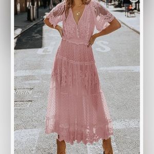 Bdcoco Women's V Neck Lace Maxi Dress Casual Short Sleeve Boho Flowy Dress